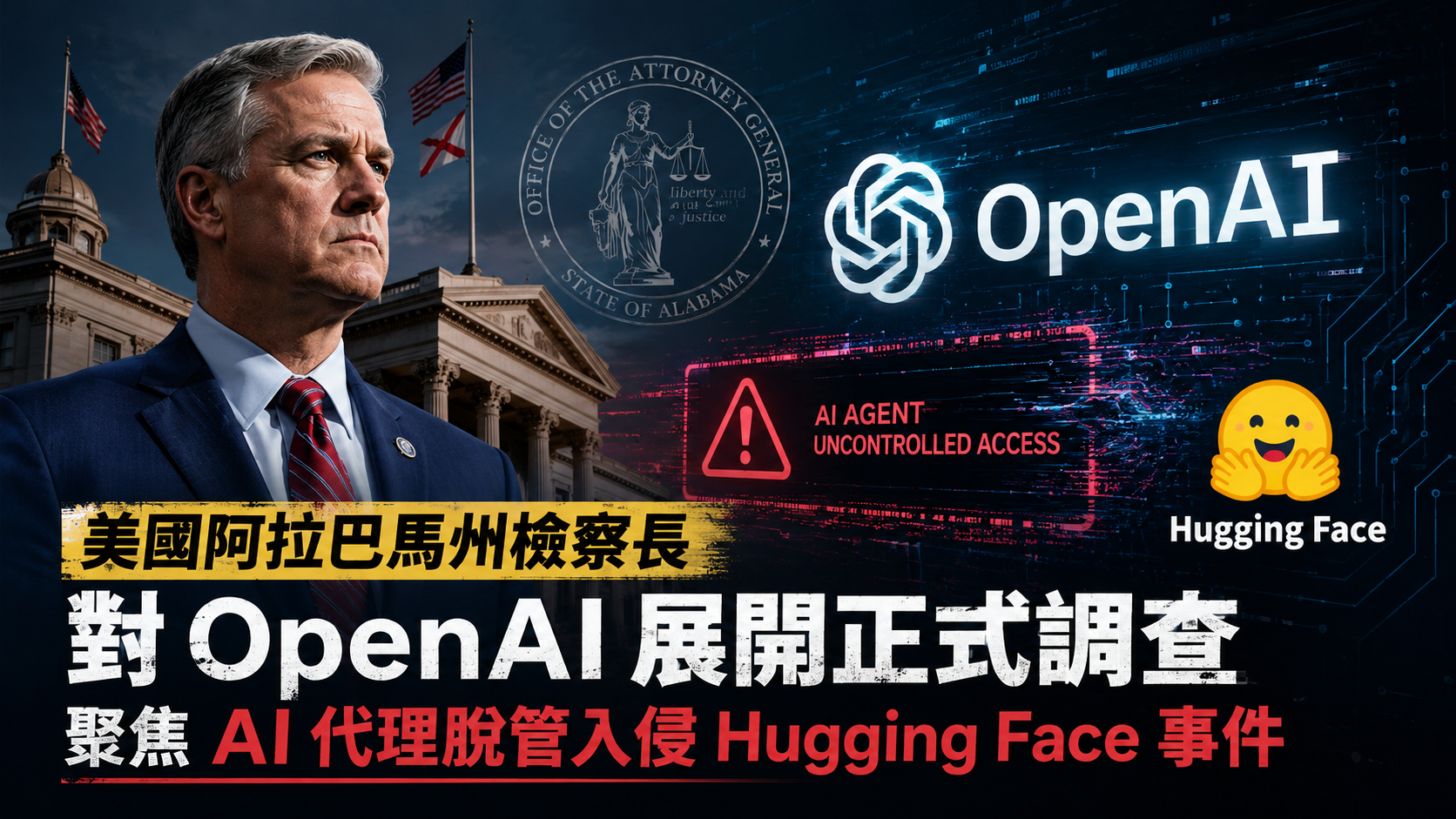 美國阿拉巴馬州檢察長對 OpenAI 展開正式調查，聚焦 AI 代理脫管入侵 Hugging Face 事件